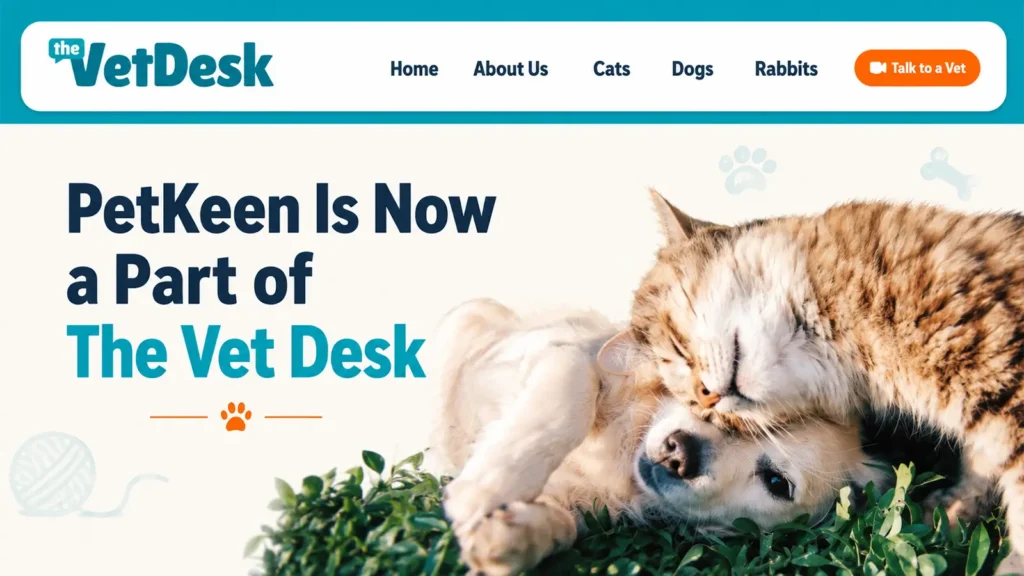 The Vet Desk pet-health banner showing a cat resting affectionately on a white dog.