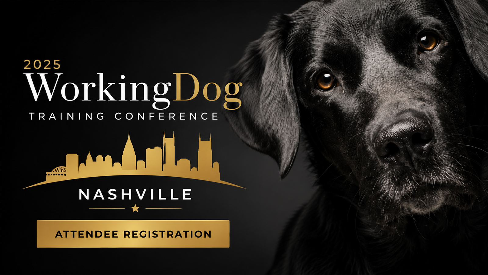 WorkingDog Training Conference 2025 Nashville banner featuring a black working dog and gold city skyline.