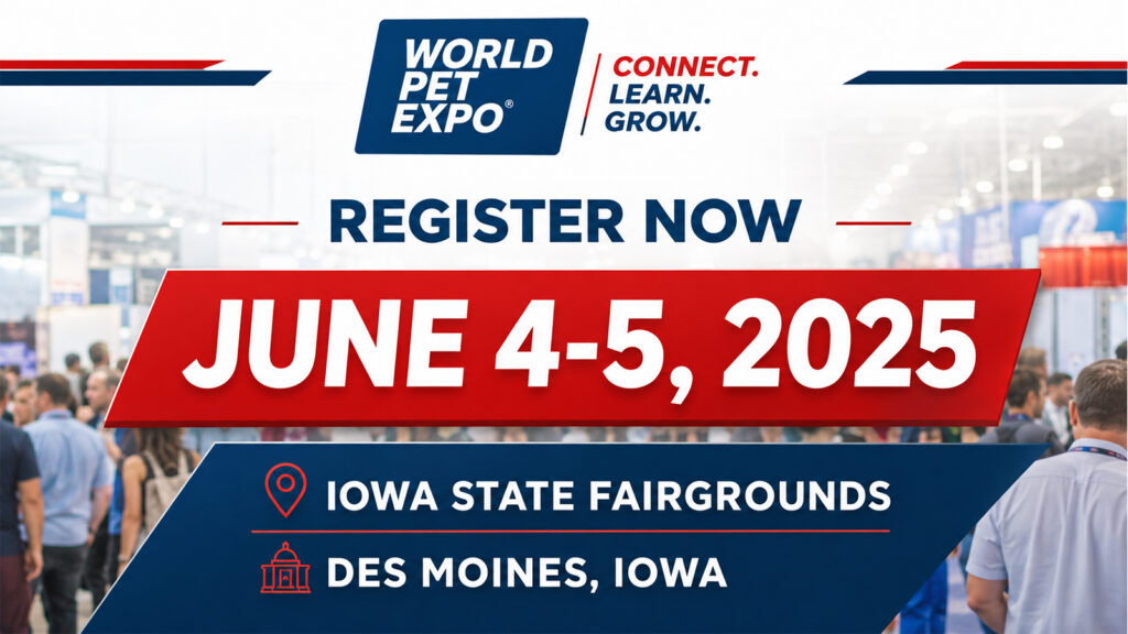 World Pet Expo 2025 Des Moines banner featuring pet industry trade show attendees and Iowa State Fairgrounds information.