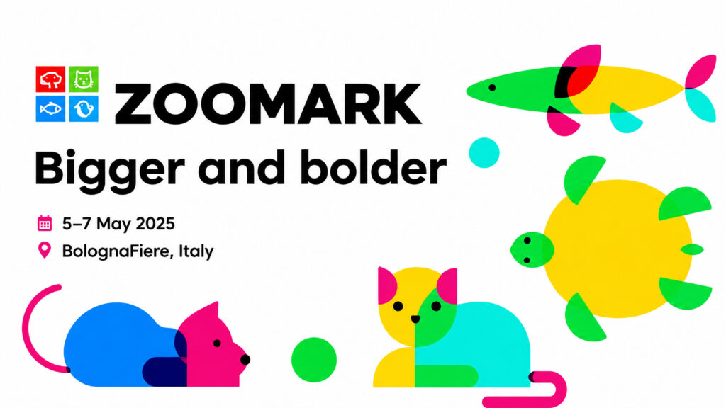 Zoomark pet industry trade show banner featuring colorful geometric pet illustrations and Bologna event information.