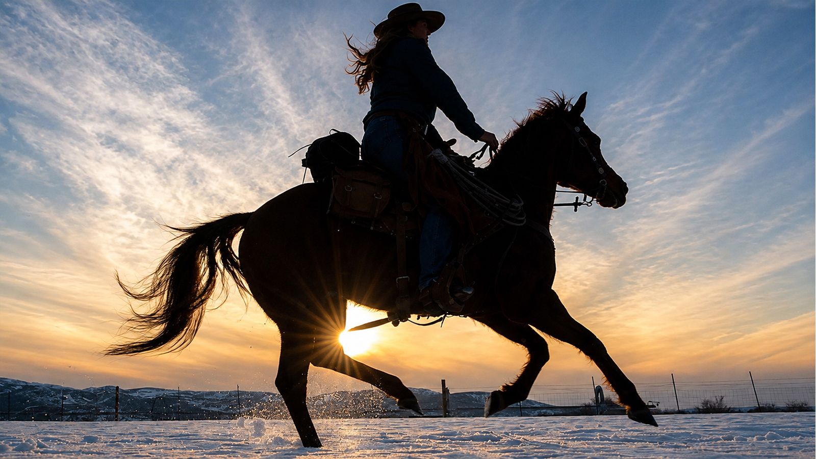 Horseback rider galloping across snowy ground at sunset in a dramatic equestrian scene.