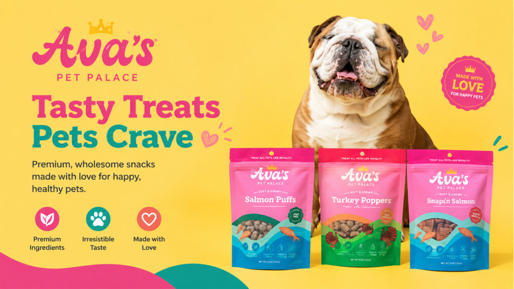 Ava’s Pet Palace dog treats including Salmon Puffs, Turkey Poppers, and Snap’n Salmon snacks.