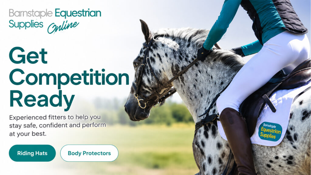 Barnstaple Equestrian Supplies rider on a horse promoting competition riding hats and body protectors.
