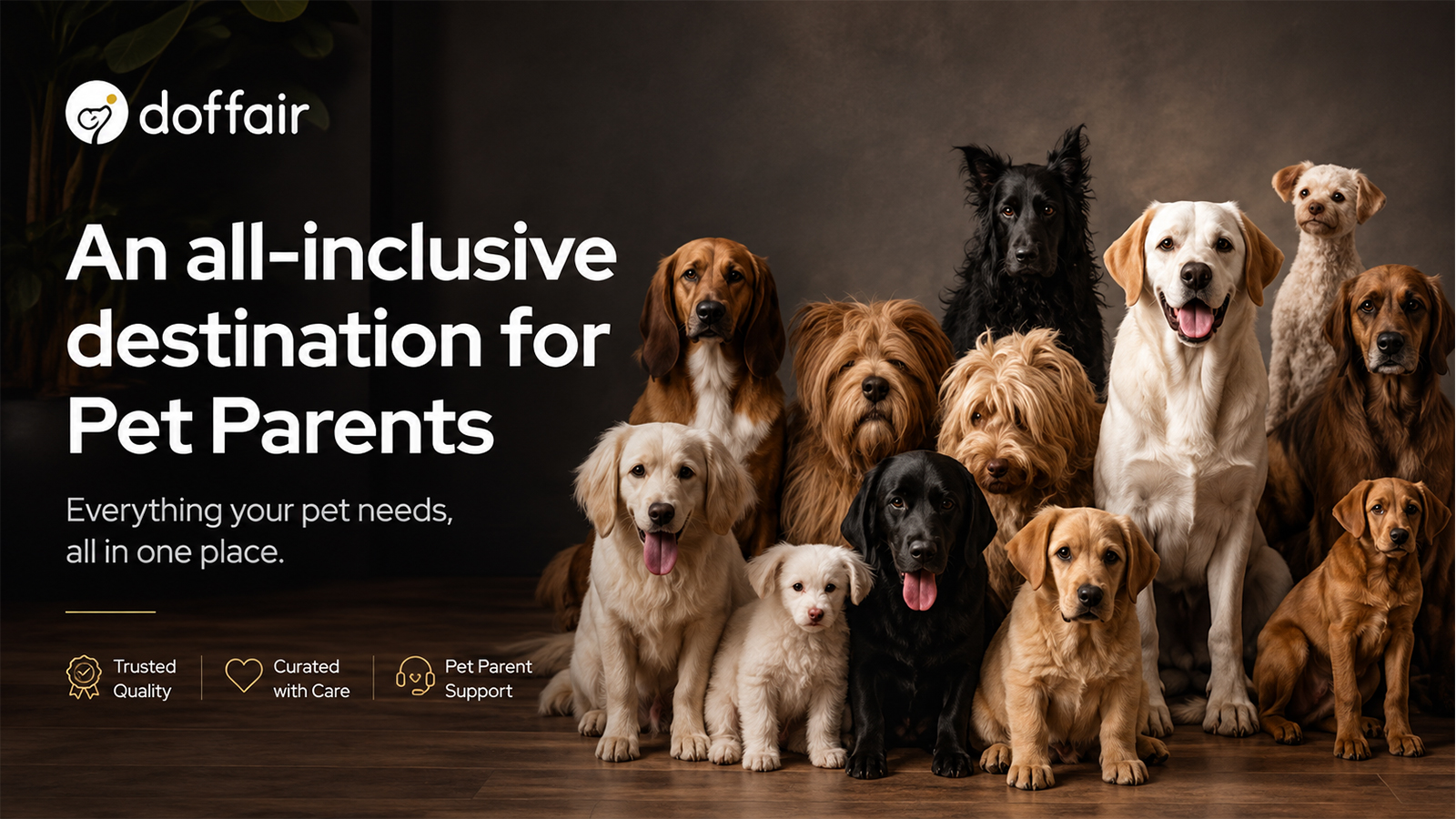 Doffair pet platform featuring multiple dog breeds and an all-inclusive destination for pet parents.