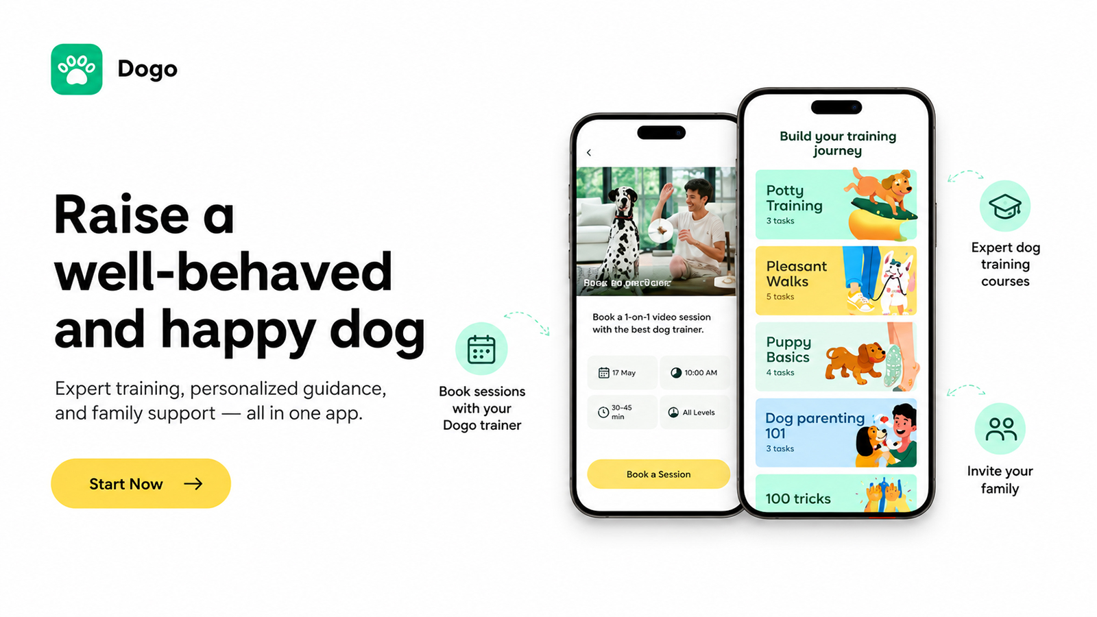 Dogo dog training app offering personalized courses, trainer video sessions, and puppy training programs.