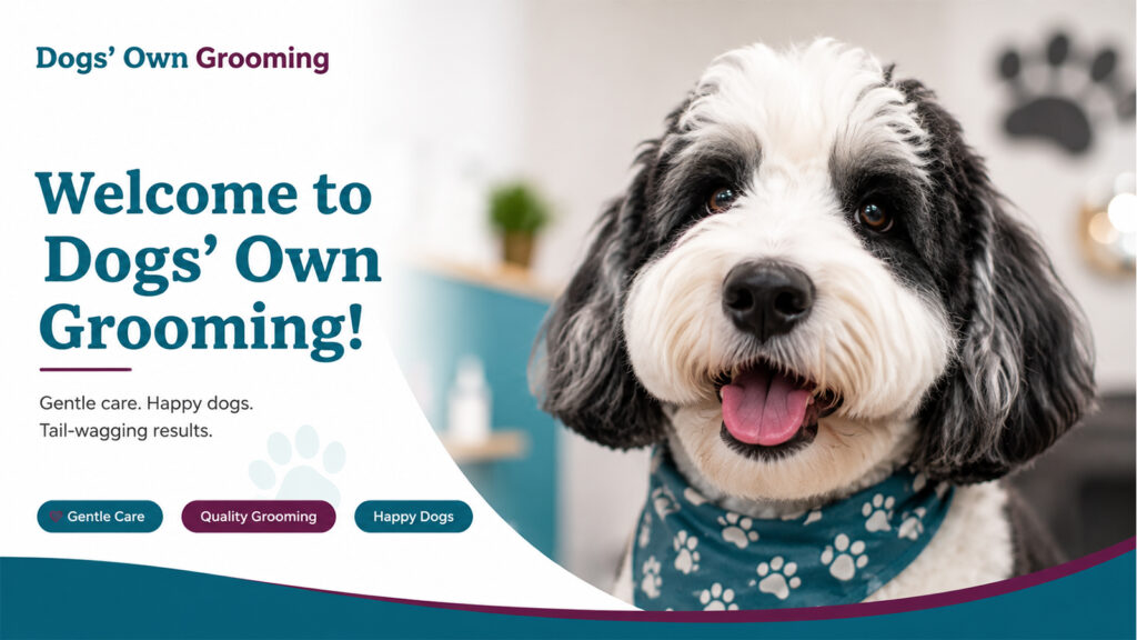 Dogs’ Own Grooming professional dog grooming service featuring a freshly groomed black and white dog.