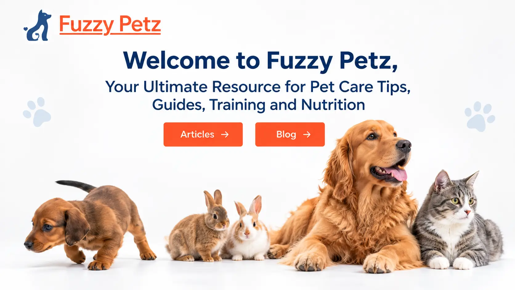 Fuzzy Petz homepage banner featuring a puppy, rabbits, golden retriever, and gray tabby cat with pet care tips, training, and nutrition resources.