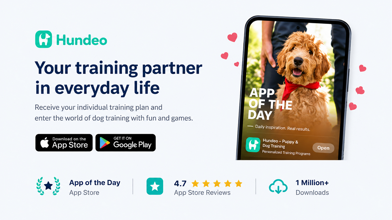 Hundeo dog training app featuring personalized puppy training plans, games, and mobile training programs.