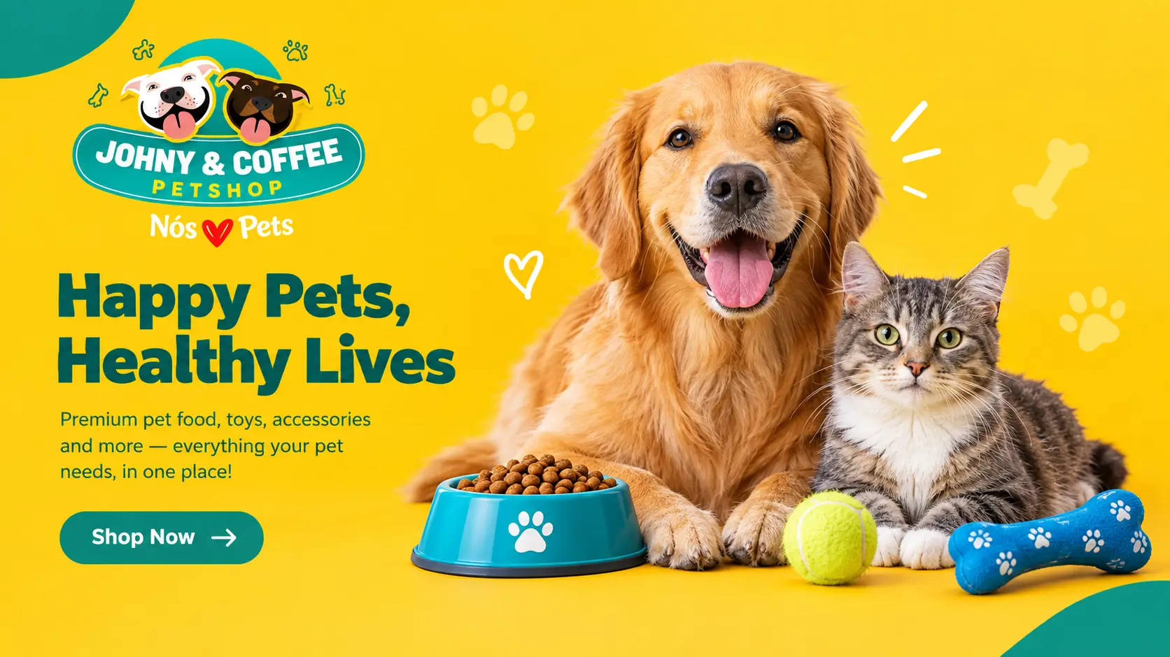 Johny’s Coffee Petshop banner featuring a golden retriever, gray tabby cat, pet food, toys, and premium pet supplies on a bright yellow and teal background.