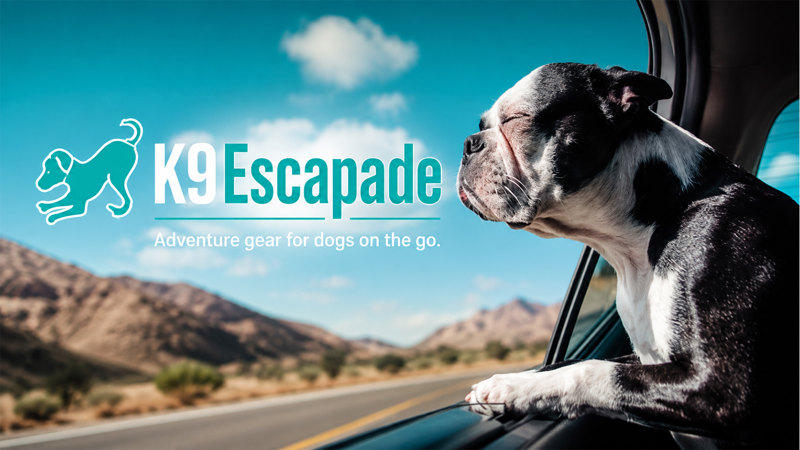 K9 Escapade dog adventure gear brand featuring a Boston Terrier traveling by car through a mountain landscape.