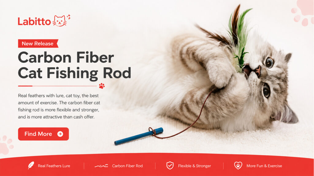 Labitto carbon fiber cat fishing rod toy featuring a cat playing with a feather lure.