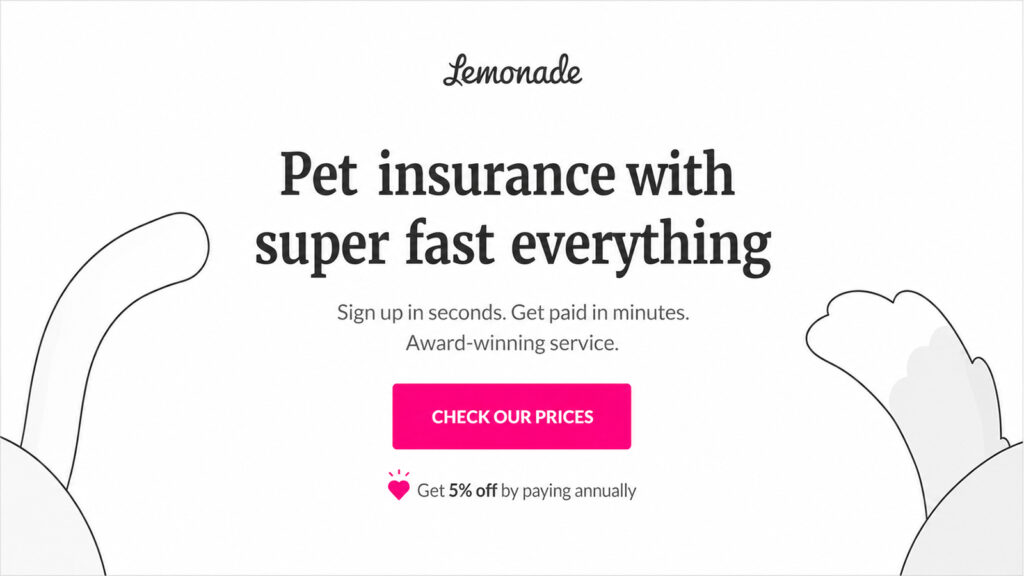 Lemonade pet insurance banner promoting fast signup, quick claims payments, and pet insurance pricing.