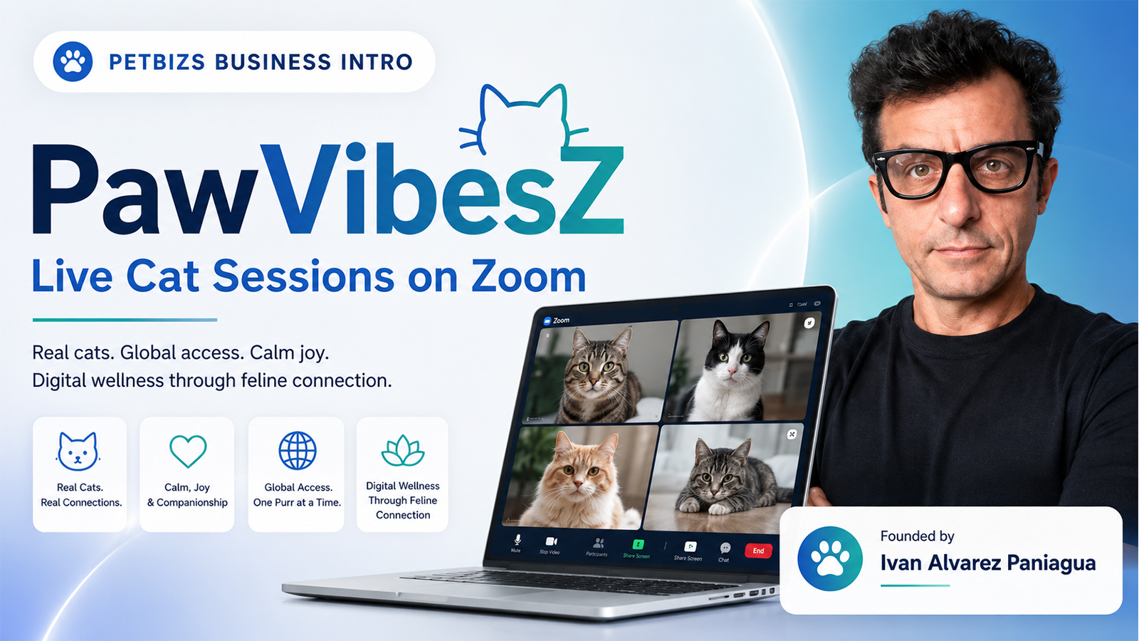 PawVibesZ live cat sessions on Zoom offering virtual feline connection and digital wellness experiences.