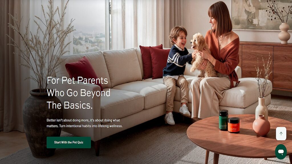 pawTree pet nutrition and wellness website hero featuring a mother and child with a happy dog