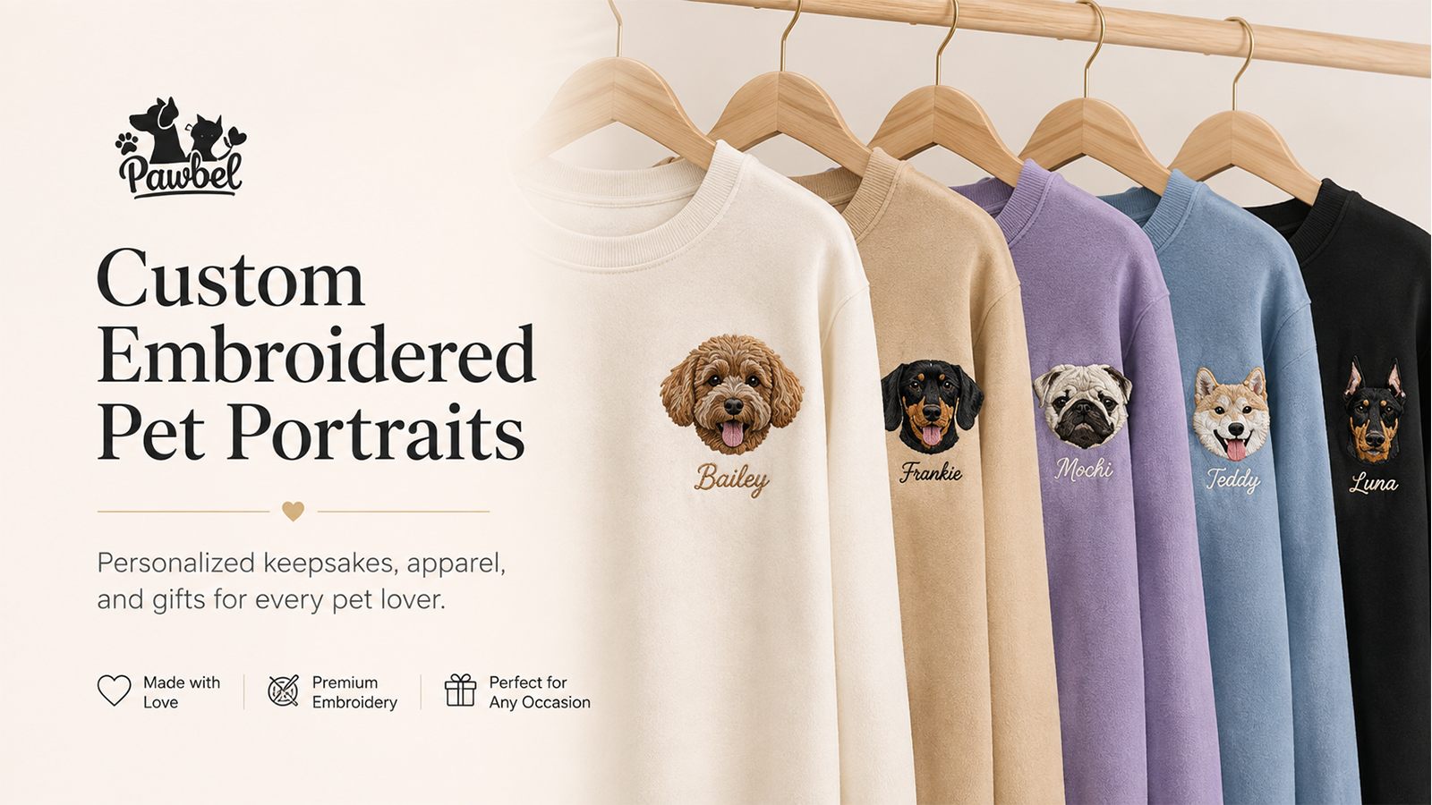 Pawbel custom embroidered pet portrait sweatshirts personalized with dog names and designs.