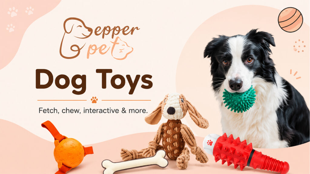 Pepper Pet dog toys featuring fetch, chew, plush, interactive, and enrichment toys with a Border Collie.