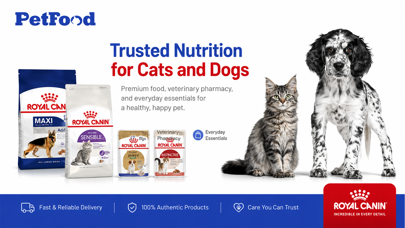 PetFood dog and cat nutrition products with Royal Canin food and veterinary pet supplies.