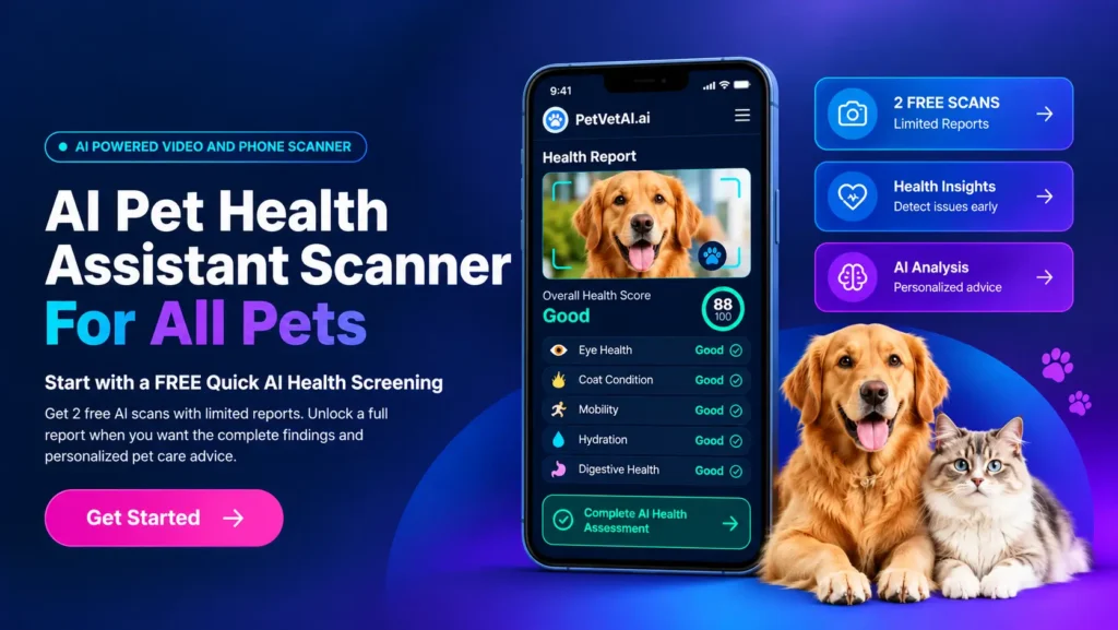 Pet Vet AI pet health assistant scanner for dogs and cats with digital health report