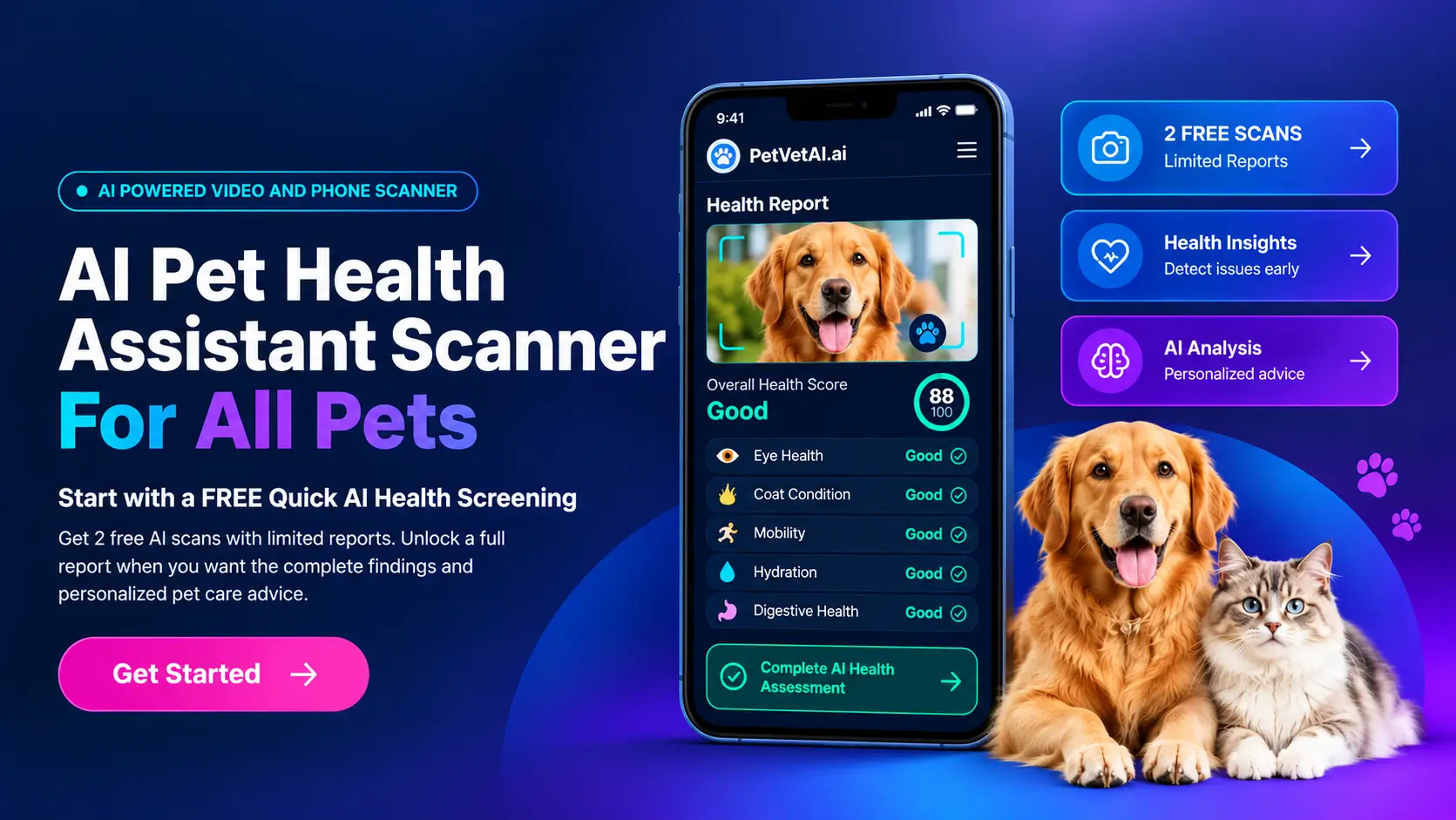 Pet Vet AI pet health assistant scanner for dogs and cats with digital health report