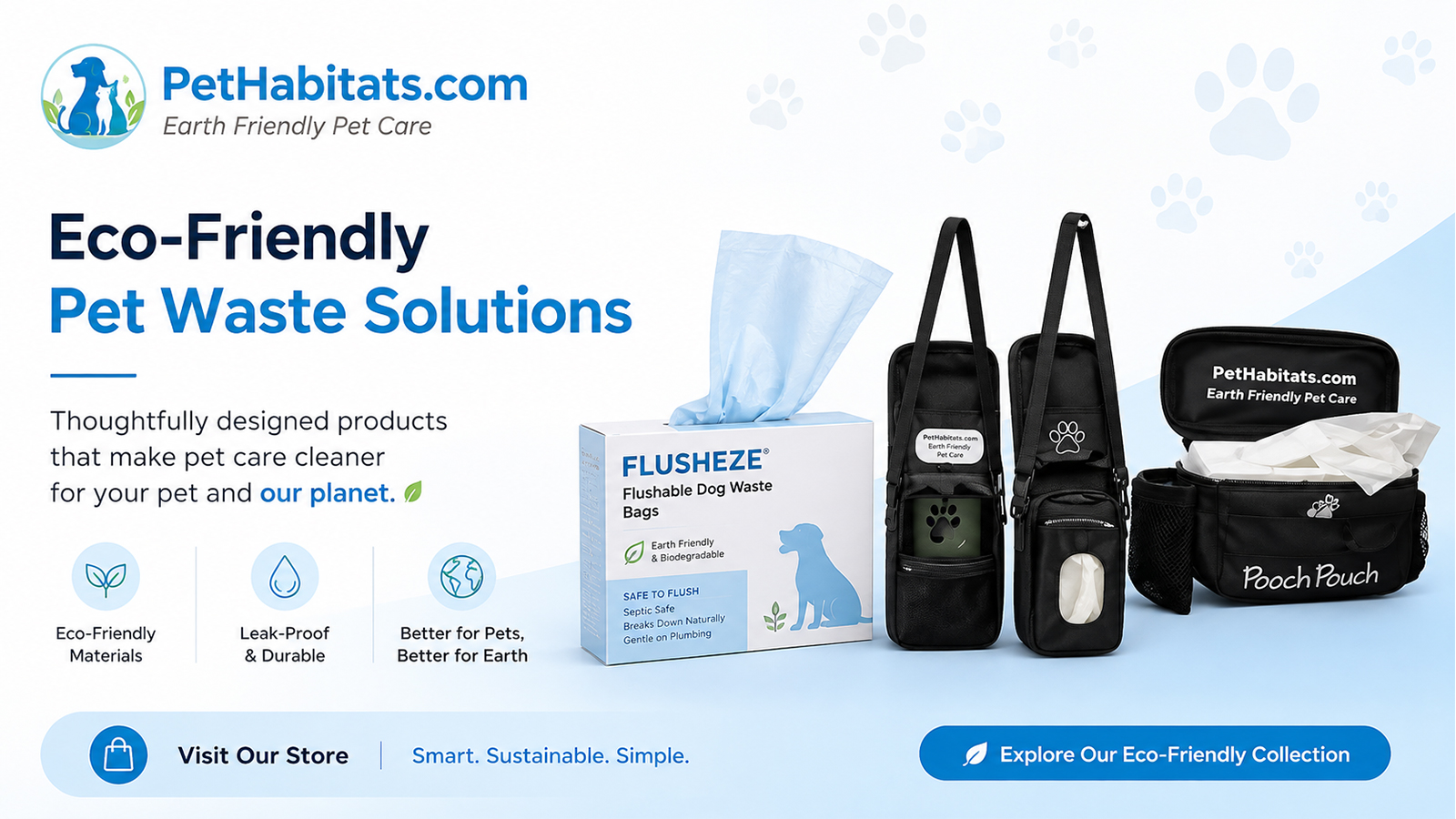 PetHabitats eco-friendly pet waste products including FlushEZE dog waste bags and Poop Pouch accessories.
