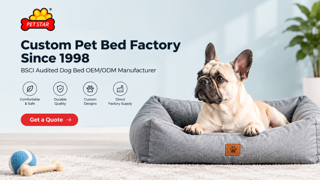 Pet bed factory manufacturing custom dog beds with a French Bulldog resting in a comfortable pet bed