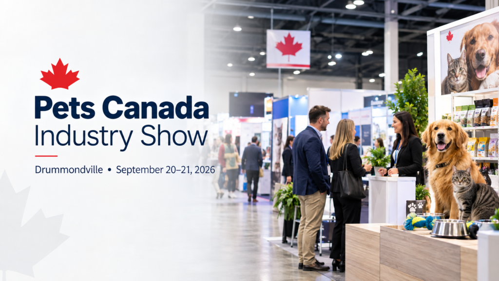 Pets Canada Industry Show in Drummondville, Quebec, featuring pet industry exhibitors, products, dogs, cats, and networking
