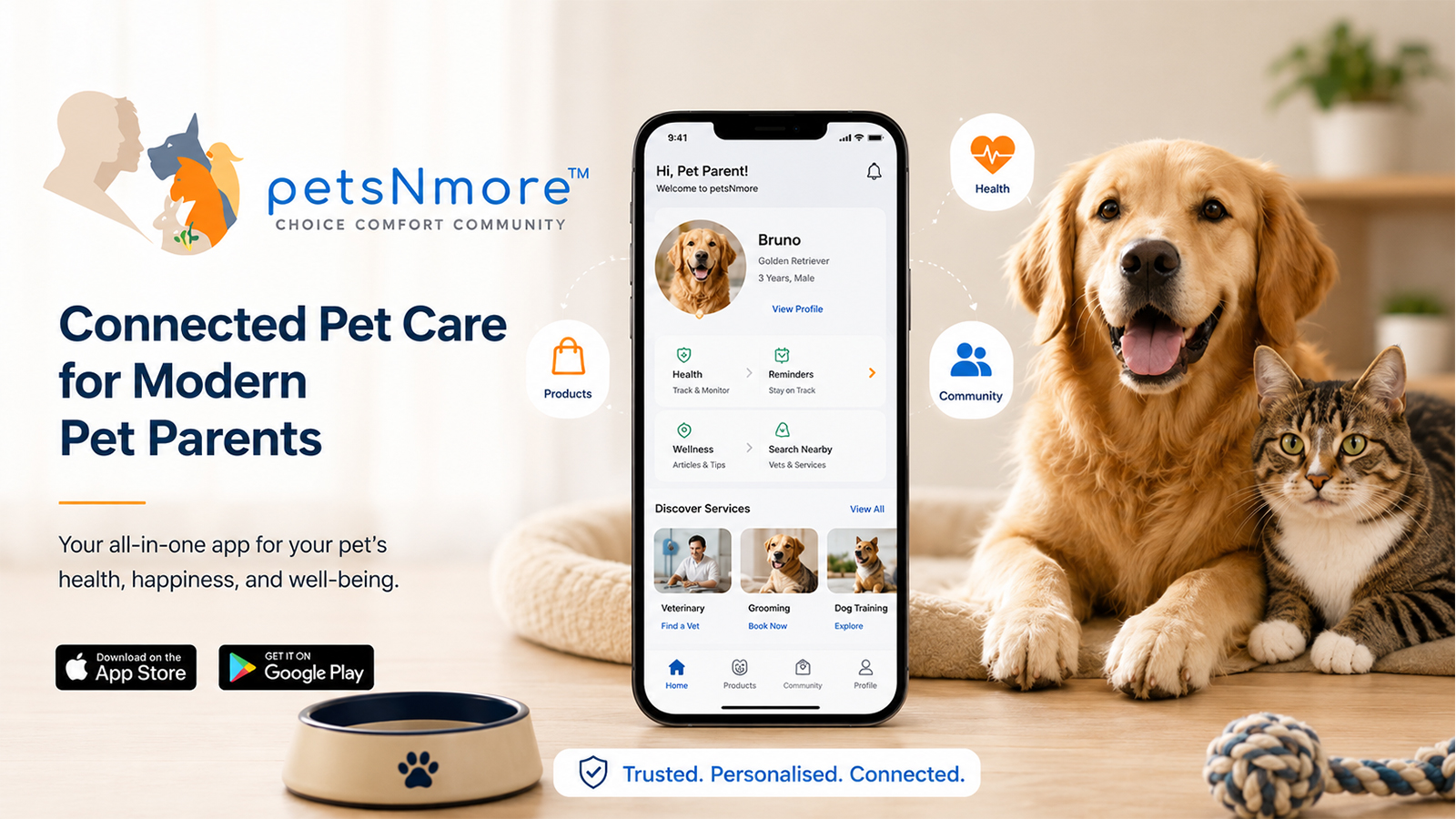 petsNmore connected pet care app for pet health, services, products, reminders, and community support.