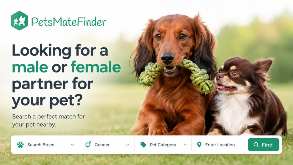 PetsMateFinder platform for finding nearby male or female pet breeding partners by breed and location.