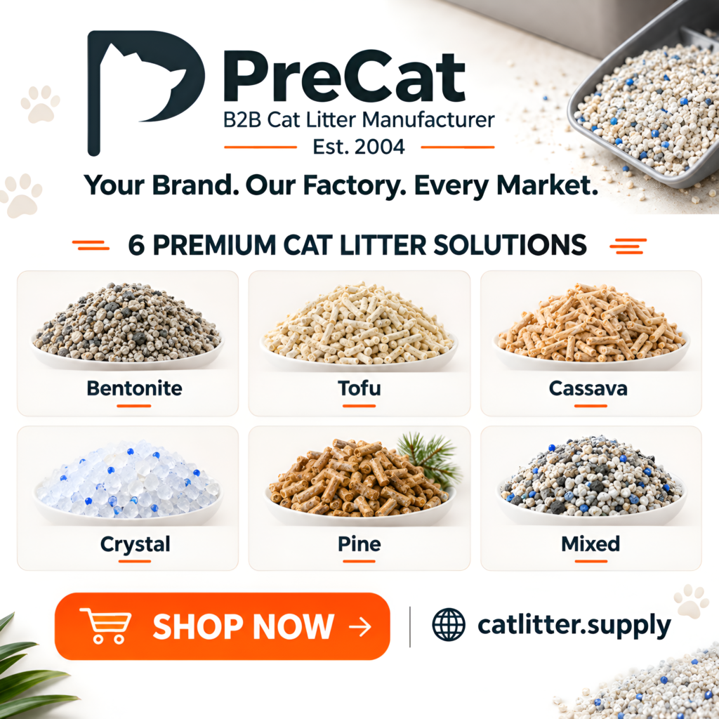 PreCat premium cat litter solutions featuring Bentonite, Tofu, Cassava, Crystal, Pine, and Mixed cat litter