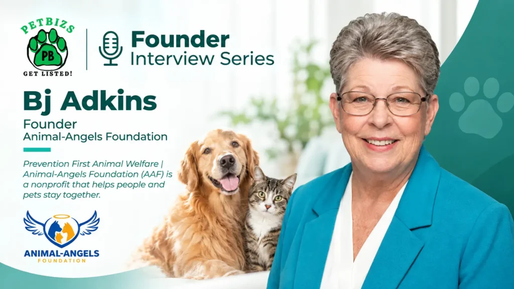 Bj Adkins, prevention-first animal welfare founder, smiling beside a golden retriever and tabby cat