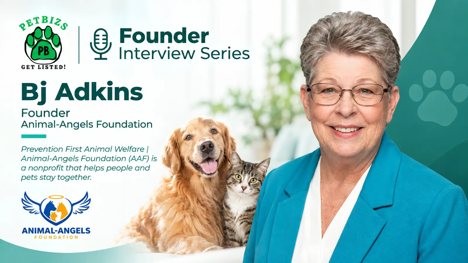 Bj Adkins, prevention-first animal welfare founder, smiling beside a golden retriever and tabby cat