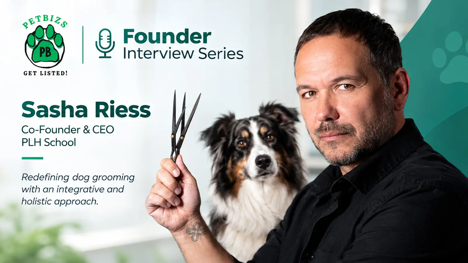 Sasha Riess of PLH School holding grooming shears beside a dog in an Integrative Dog Grooming interview