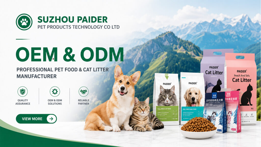 Suzhou Paider OEM and ODM pet food and cat litter manufacturer with dog food, cat food, and litter products.