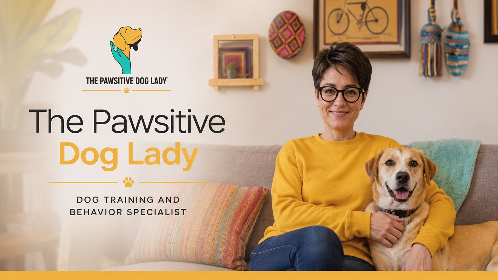 The Pawsitive Dog Lady dog training and behavior specialist pictured with a dog in a home-based training environment.