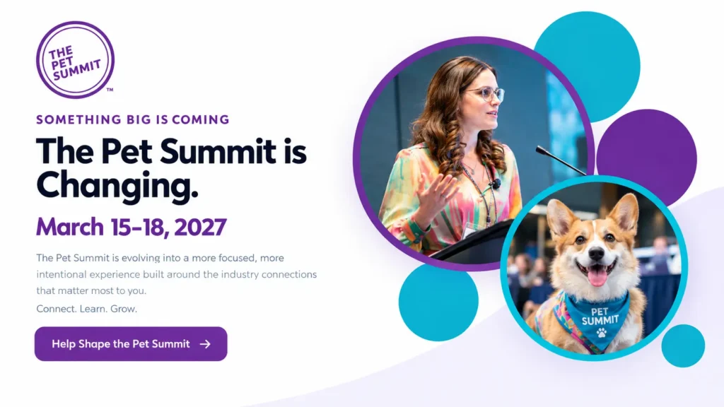 The Pet Summit 2027 banner showing a speaker at a podium and a corgi in a Pet Summit bandana, March 15-18, Orlando