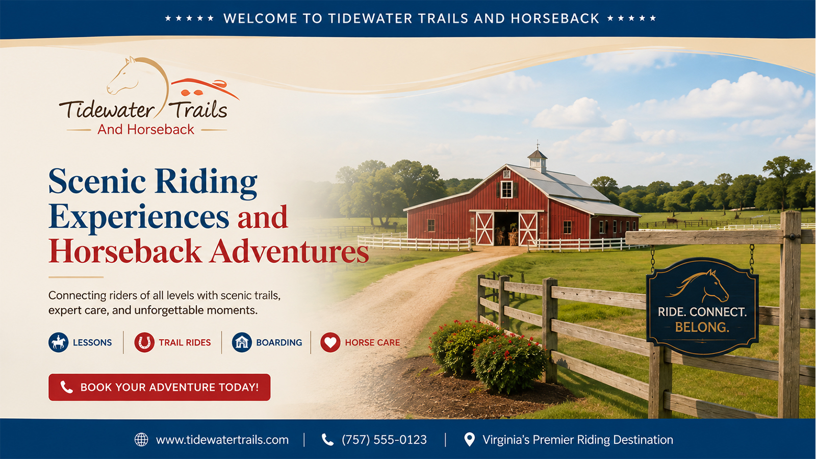 Tidewater Trails and Horseback scenic trail riding, horse lessons, boarding, and equine care in Virginia.
