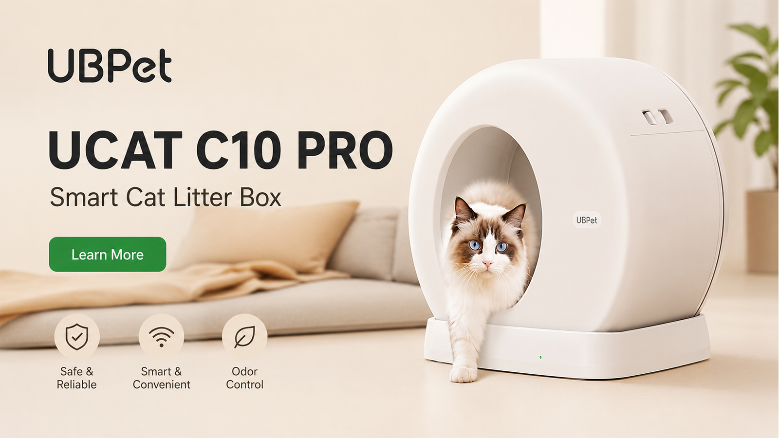 UBPet UCAT C10 Pro smart automatic cat litter box featuring a Ragdoll cat and odor control technology.