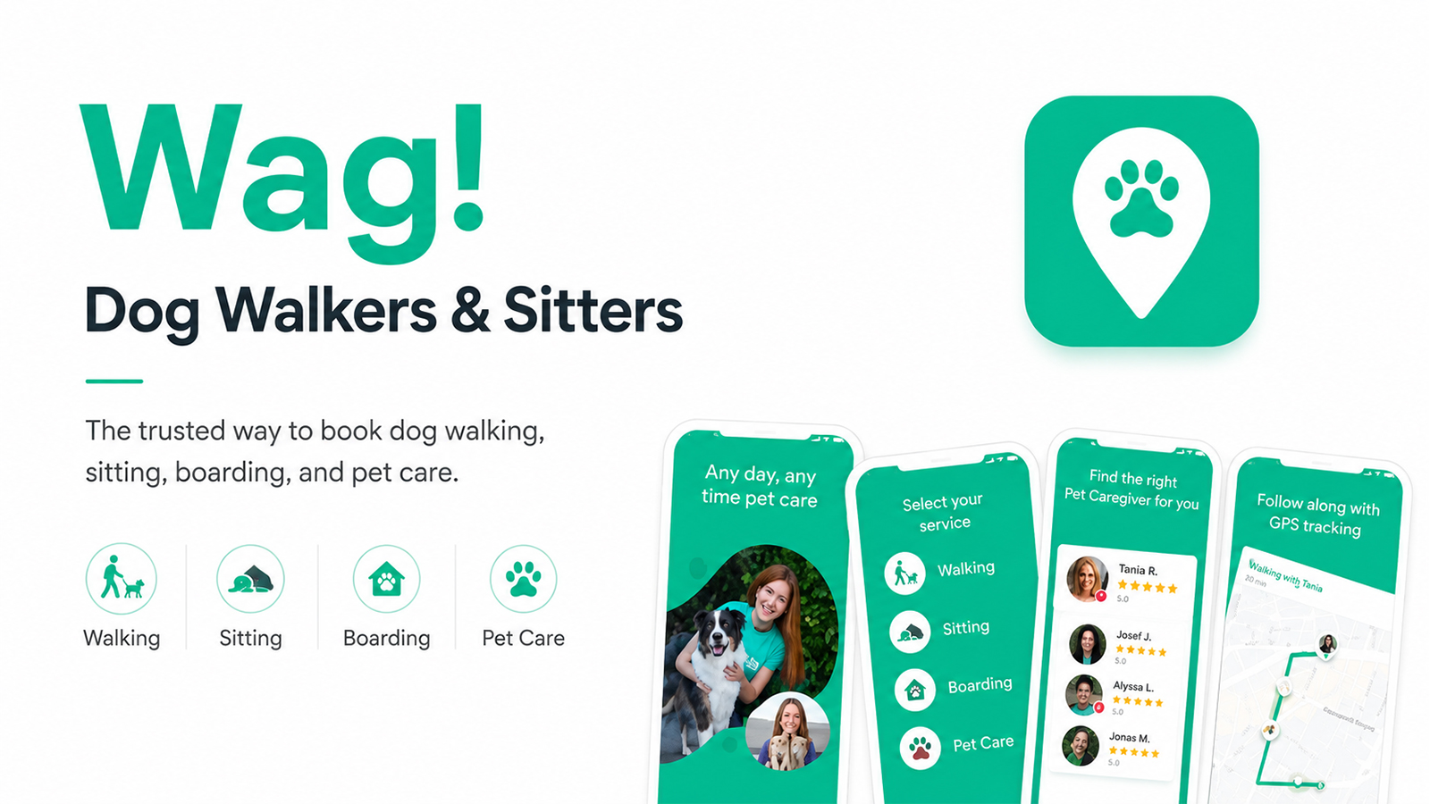 Wag dog walking and pet sitting app for booking walking, sitting, boarding, and pet care services.