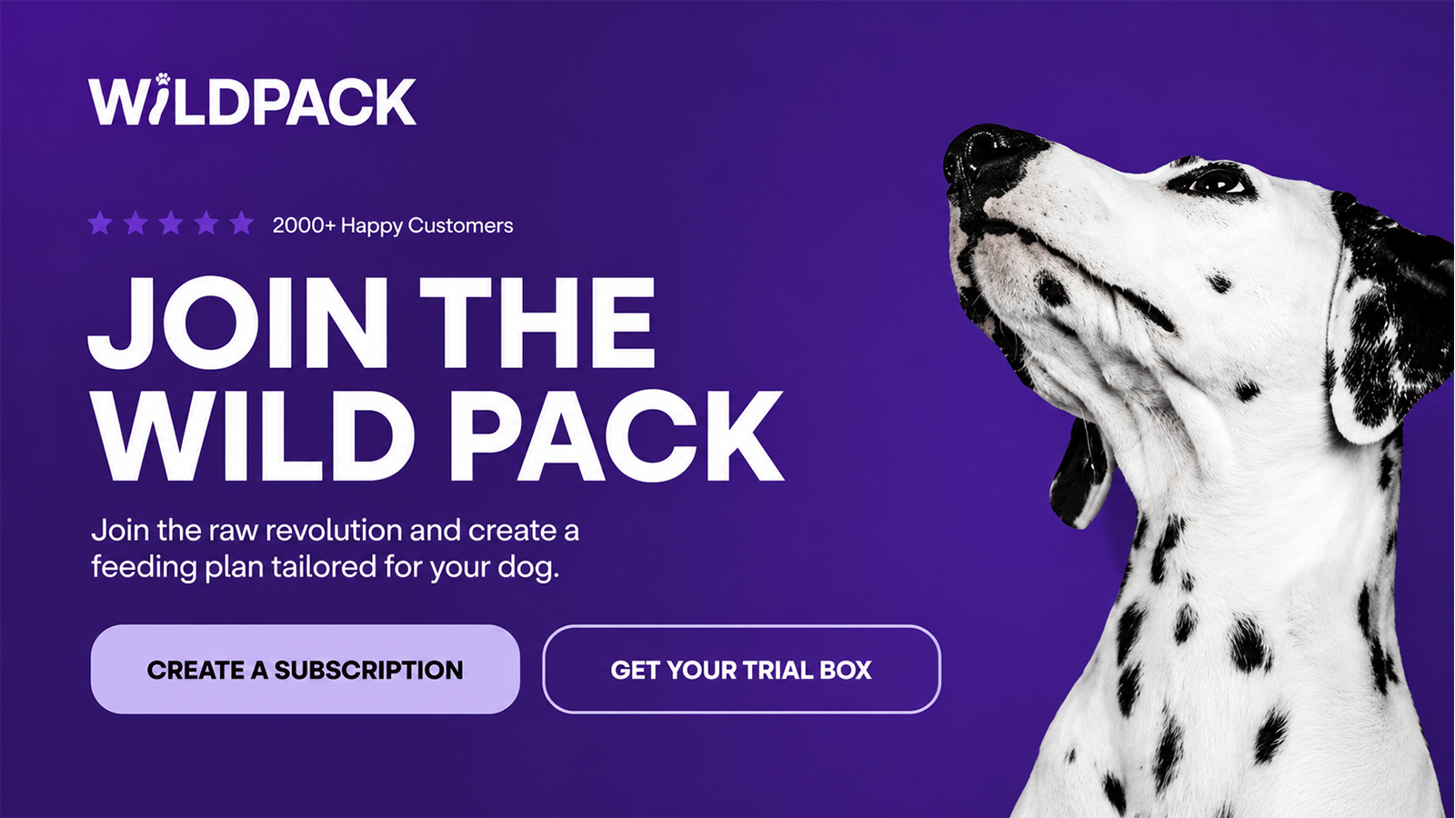 Wild Pack raw dog food subscription with personalized feeding plans and trial box options.
