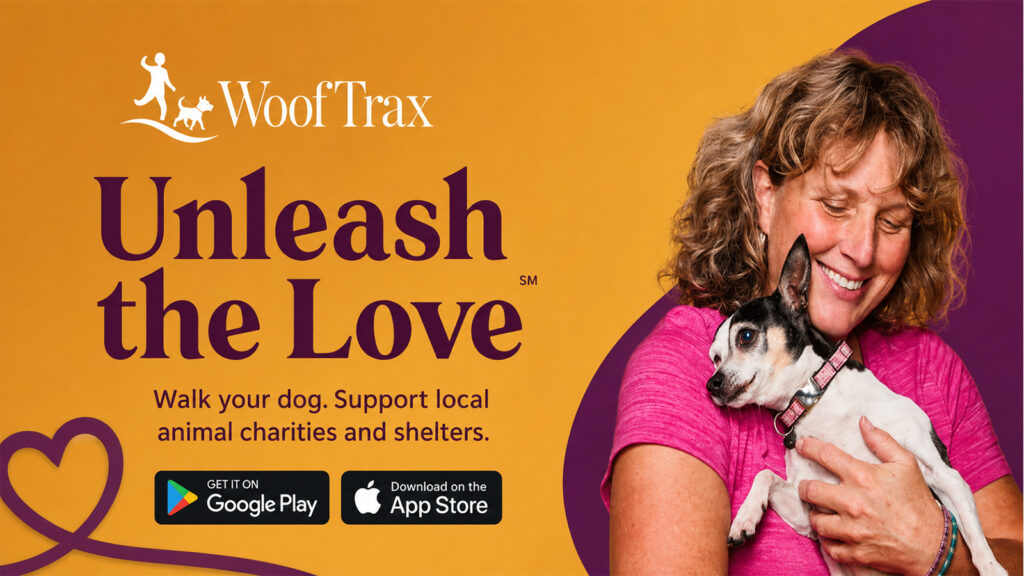 WoofTrax dog walking app supporting animal charities and shelters, featuring a woman holding her dog.