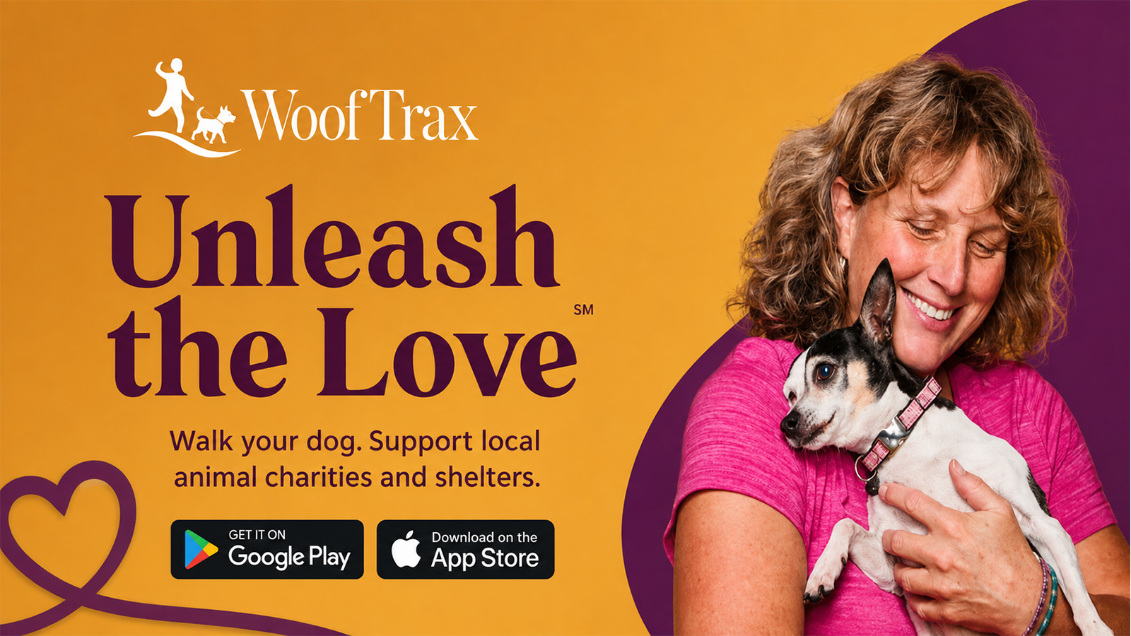 WoofTrax dog walking app supporting animal charities and shelters, featuring a woman holding her dog.