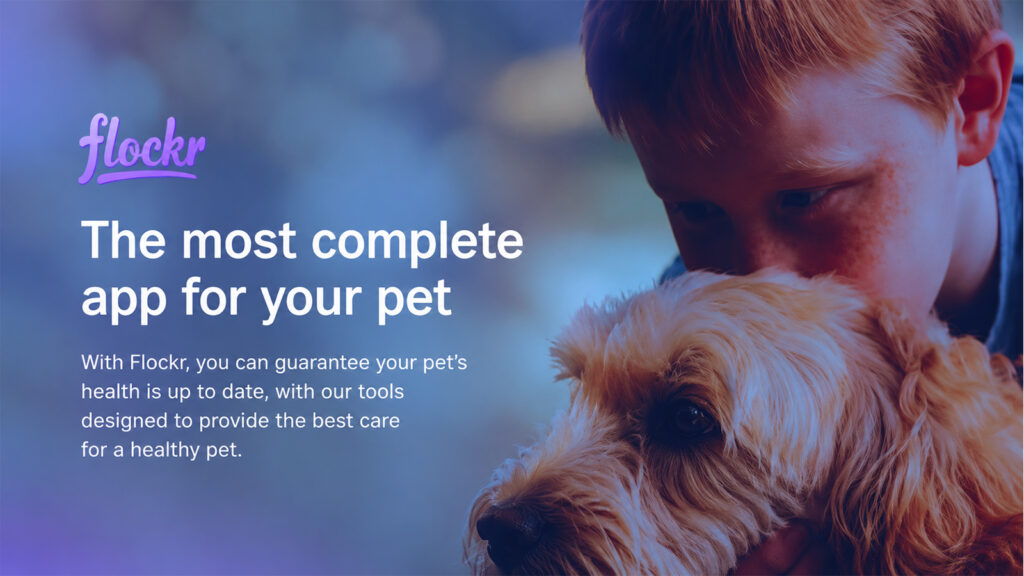 Flockr pet health app featuring a dog with its owner and digital tools for managing pet health and care.