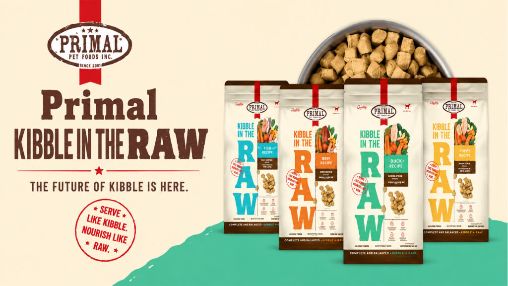 Primal Pet Foods Kibble in the Raw dog food range featuring fish, beef, duck, and puppy recipes.