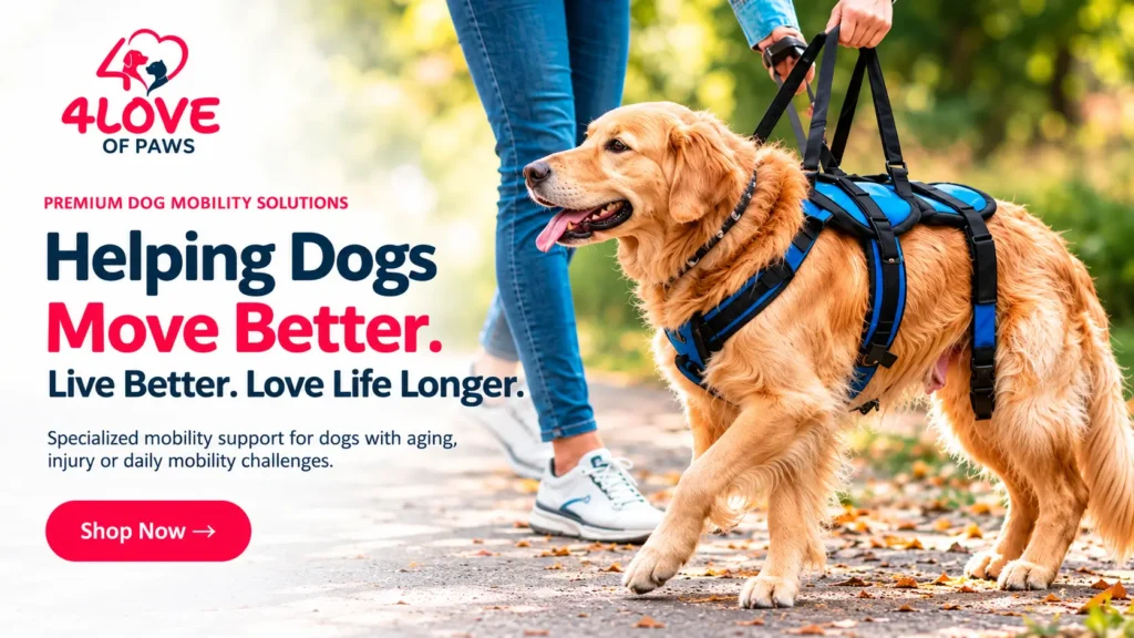 Golden Retriever wearing a blue mobility support harness by 4LOVE OF PAWS for improved dog mobility.