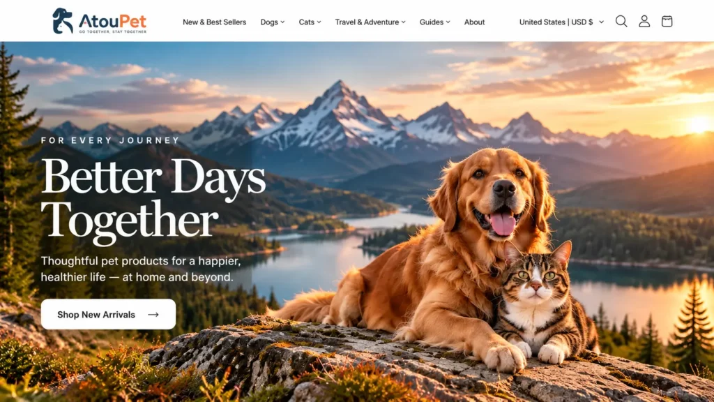AtouPet pet products homepage featuring a Golden Retriever and tabby cat overlooking a mountain lake.