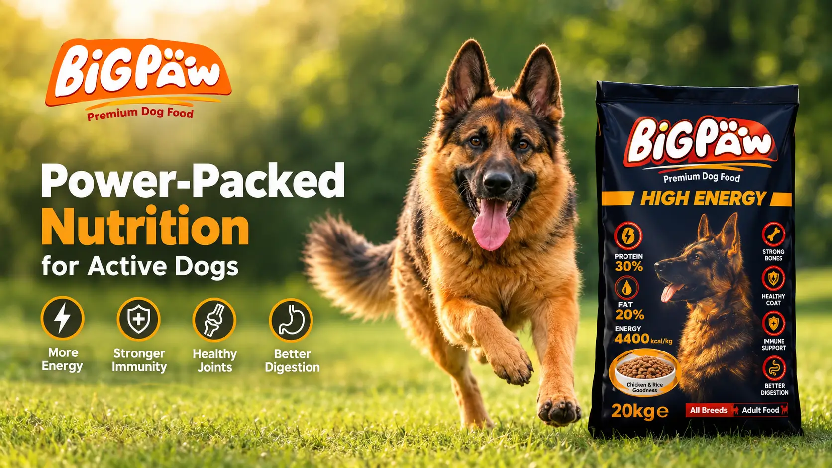 BigPaw Premium Dog Food High Energy formula for active dogs featuring a German Shepherd and 20kg dog food bag.