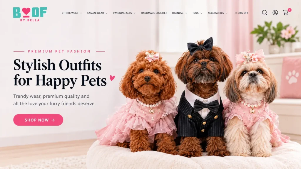 Boof by Bella premium pet fashion banner featuring three small dogs wearing elegant pink dresses and a black formal suit.