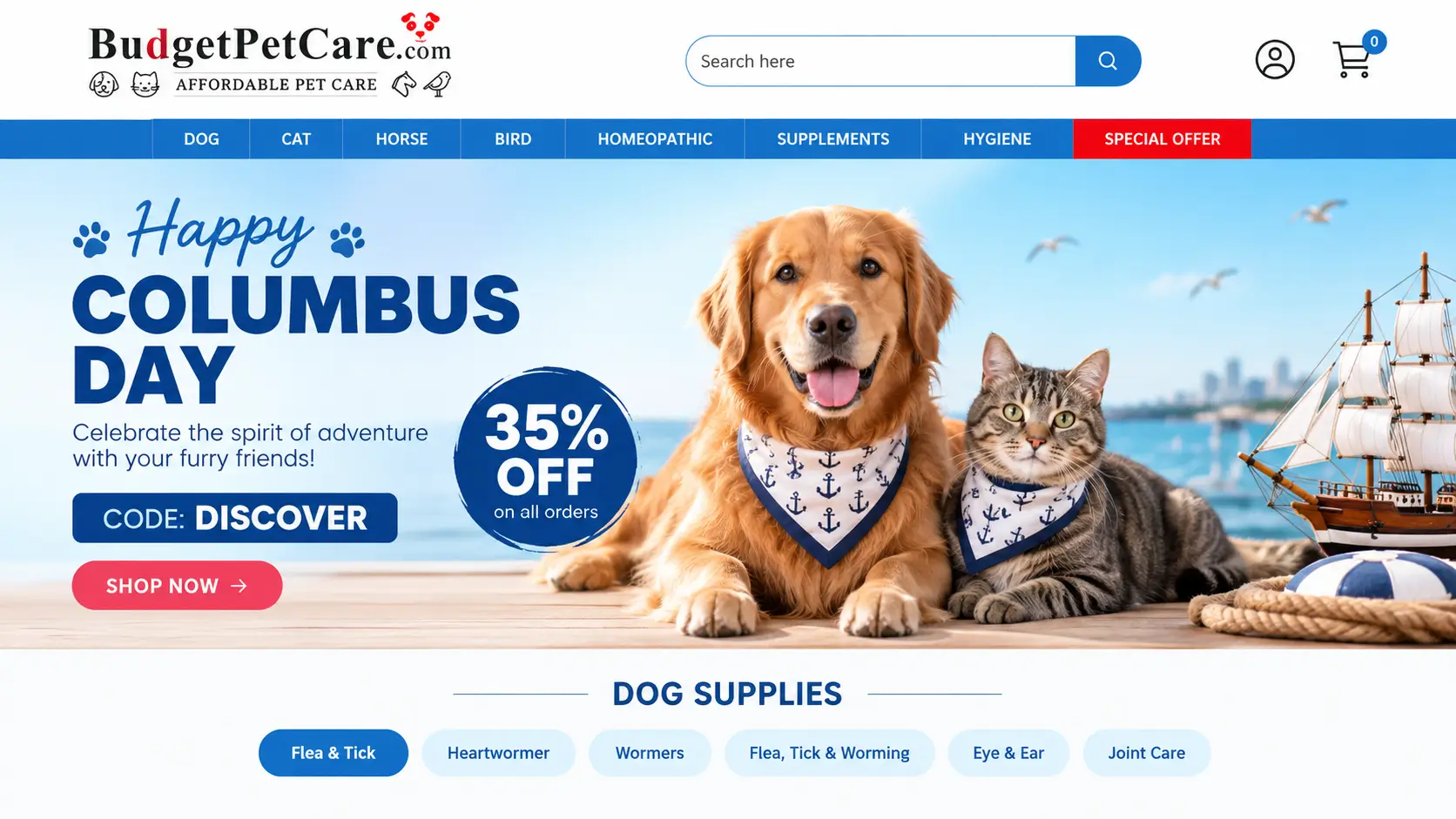 BudgetPetCare online pet supplies banner featuring a golden retriever, pet care products promotion, and Columbus Day discount offer.
