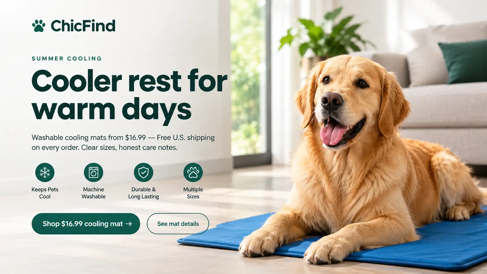 ChicFind summer cooling mat for dogs featuring a golden retriever relaxing on a blue cooling mat in a bright, modern living room.