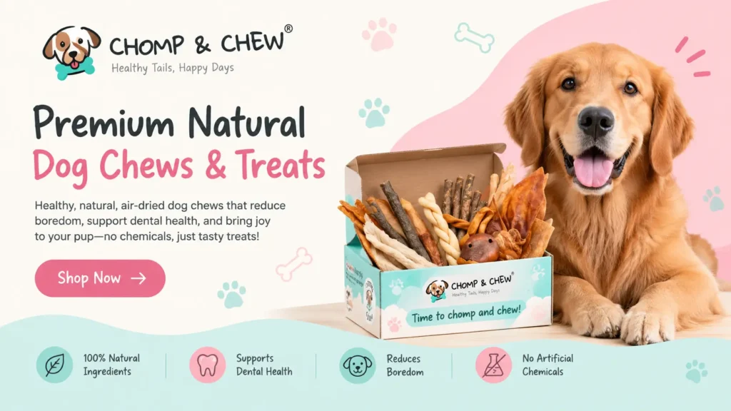 Chomp & Chew natural dog chews and treats banner featuring a golden retriever and assorted dog treats.